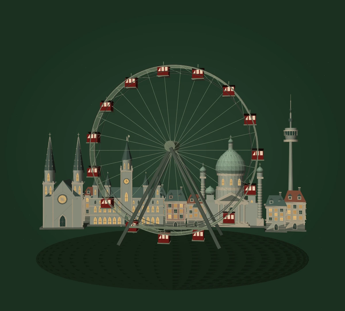 Wiener Riesenrad vor Votivkirche, Rathaus, Karlskirche, Donauturm und Wiener Häusern mit warm beleuchteten Fenstern.
